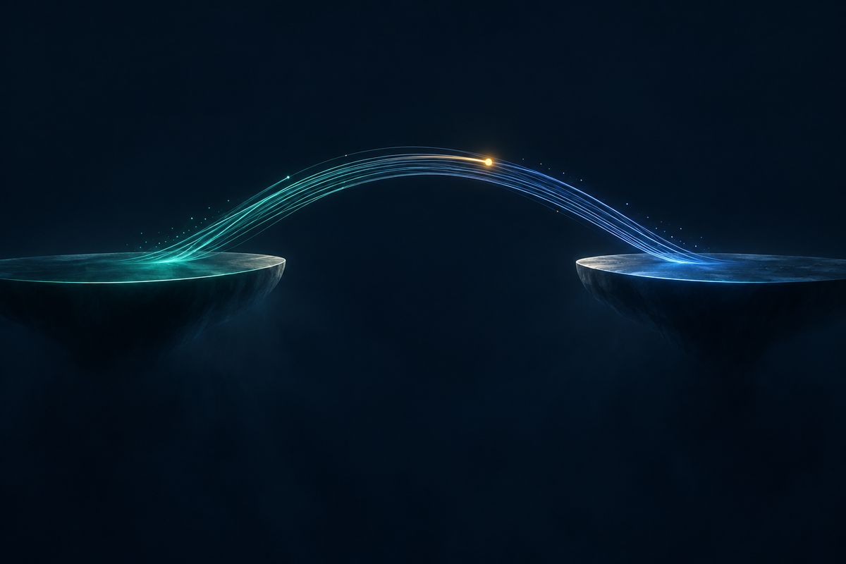 Brücke aus Lichtlinien verbindet zwei Plattformen – Symbol für Führung auf Zeit